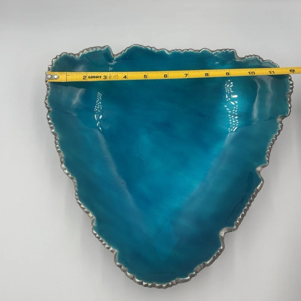 Vintage MCM Blue Enamel Silver Aluminum Triangle Dish With Rigged Edges RETRO